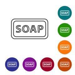 Black line Bar of soap icon isolated on white background. Soap bar with bubbles. Set icons in color circle buttons. Vector Illustration