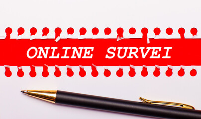 Pen and white torn paper strip on a bright red background with the text ONLINE SURVEI