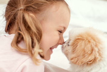 Emotional child with baby dog nose to nose. Kids play with puppy. Little kid girl and puppy dog on bed at home. Pet at home. Animal care. Friendship between animal and children