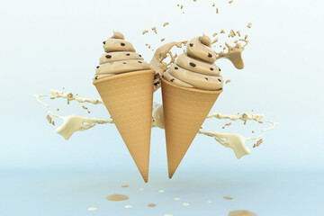 Melted Ice Cream on Paper Background. Summer time. 3D illustration, 3D rendering	