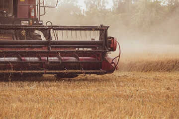 Combine harvester in the field. Close-up of a reel. Harvesting season. Rye and barley