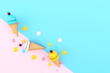 Ice Cream on Paper Background. Summer time. 3D illustration, 3D rendering