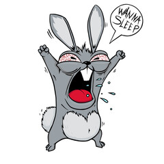 funny cartoon illustration of a crazy rabbit tired and screaming that he wants to sleep