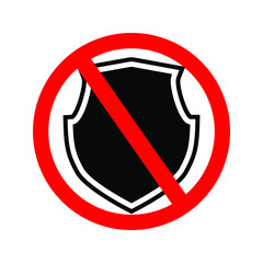 No Shield icon. No Emblem. Shield and Emblem icon black color with red prohibition sign. stop sign. editable colors. Ep 10.