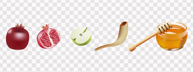 Happy Rosh Hashanah Jewish text "Shana Tova" Jewish New Year holiday. Torah, Honey and Apple, Shofar, Pomegranate, Star of David, Rosh Hashanah are traditional symbols of the Jewish New Year