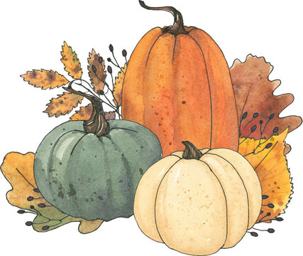 Fall sublimation, Watercolor thanksgiving pastel pumpkin leaf clipart, Autumn farm clip art, Printable hand drawn digital download image