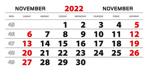 Wall calendar 2022 for november, week start from sunday.