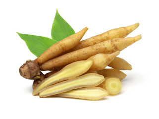 Finger root (Krachai) and half with leaves isolated on white background, herb.