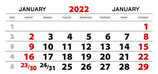 Wall calendar 2022 for january, week start from sunday.