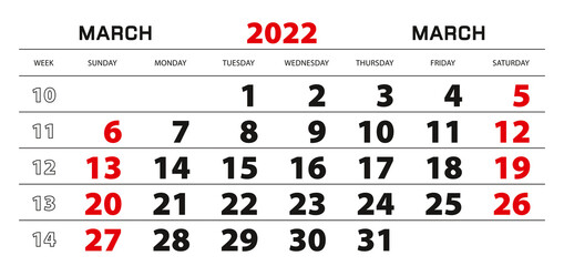 Wall calendar 2022 for march, week start from sunday.