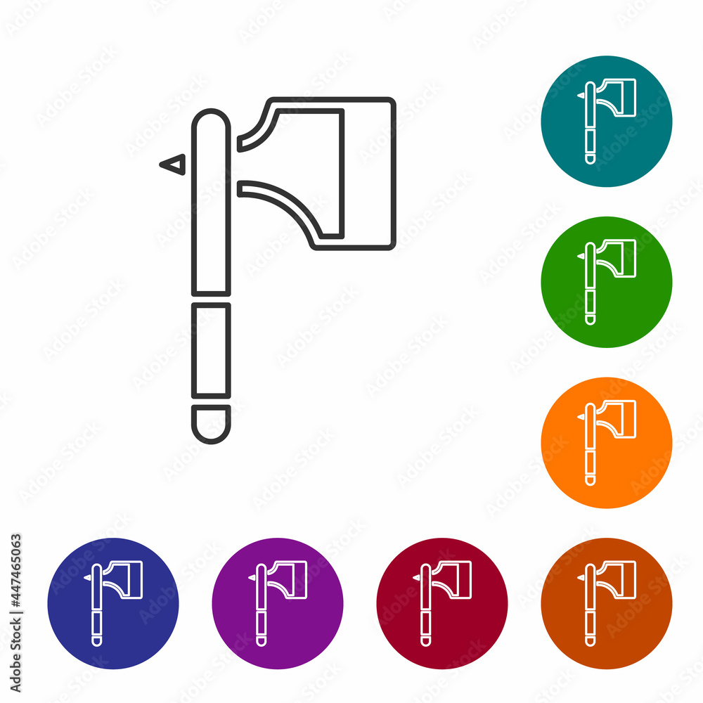 Poster black line wooden axe icon isolated on white background. lumberjack axe. set icons in color circle b