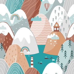 Cute seamless landscape pattern with sea, mountains, lighthouse, house, and rainbows. Travel concept, kids poster background. Vector pattern. © Toltemara