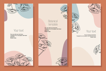 A set of botanical stretched templates for flyers, advertising booklets, cards, with text placement.