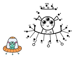 Connect the dots and draw a cute alien in flying saucer. Space dot to dot game. Educational page for kids. Vector illustration