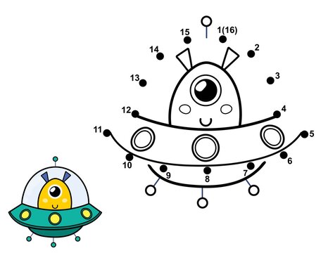 Connect the dots and draw a cute alien in flying saucer. Space dot to dot game. Educational page for kids. Vector illustration