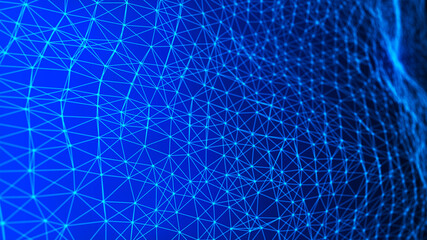 Digital technology background. Abstract dynamic wave of connected dots and lines on dark background. Wave of bright particles. Big data. 3d rendering.