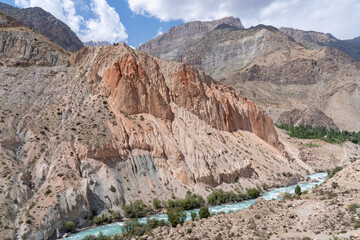 Scenic landscape view of Iskander darya river valley near Iskanderkul lake, Fann mountains, Sughd, Tajikistan