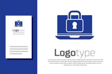 Blue Laptop and lock icon isolated on white background. Computer and padlock. Security, safety, protection concept. Safe internetwork. Logo design template element. Vector