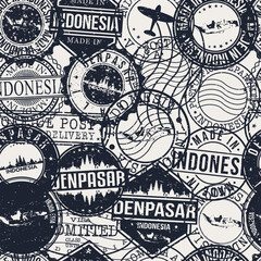Denpasar, Denpasar City, Bali, Indonesia Stamps Background. A City Stamp Vector Art. Set of Postal Passport Travel. Design Set Pattern.