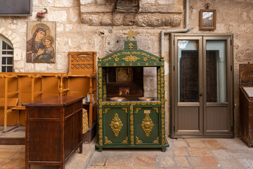 The interior  of the St. Jacobs orthodox  cathedral Jerusalem in Christian quarters in the old city of Jerusalem, Israel