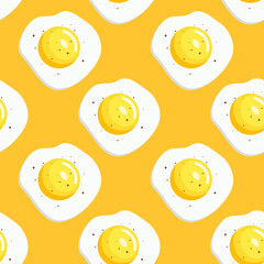 Fototapeta premium Scrambled eggs seamless pattern. Delicious breakfast concept. Bright background for packaging decoration. Vector illustration in flat cartoon style.