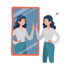A woman or girl looks at herself in the mirror. Self love and happiness concept. The woman gives the reflection a high five.
