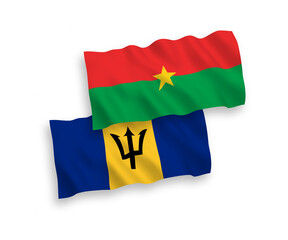 National vector fabric wave flags of Burkina Faso and Barbados isolated on white background. 1 to 2 proportion.