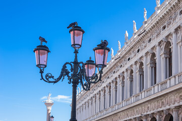 Fototapeta na wymiar Renaissance pink street lights on the San Marco promenade in Venice