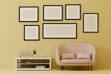 Group of the picture frame on the wall in the modern yellow living room with sofa and furniture. 3d rendering.