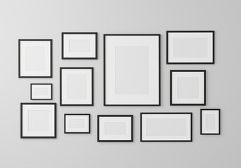 Group of blank black picture frame on the wall in modern living room. 3d rendering.