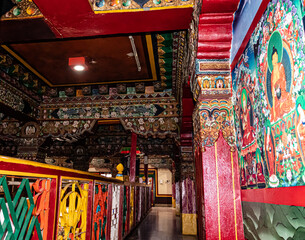 old buddhist monastery decorated wall from low angle