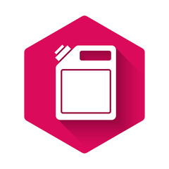White Canister for gasoline icon isolated with long shadow. Diesel gas icon. Pink hexagon button. Vector