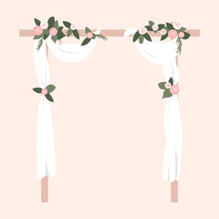Beautiful wedding arch decorated with flowers and white fabric. Engagement party. Vector template for greeting card, invitation card, poster, flyer. Eps 10