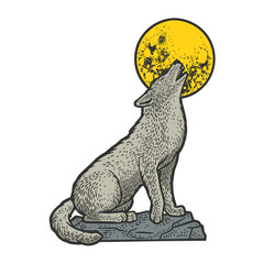 wolf howling at the moon color sketch engraving vector illustration. T-shirt apparel print design. Scratch board imitation. Black and white hand drawn image.