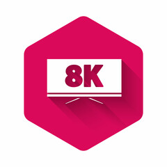 White Screen tv with 8k Ultra HD video technology icon isolated with long shadow. Pink hexagon button. Vector