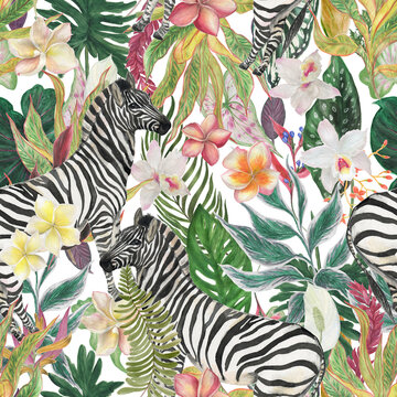 Watercolor painting seamless pattern with tropical flowers, leaves and zebra horses