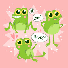 Obraz premium Cute frogs. Cartoon character. Set. Isolated vector object. Pink background. 