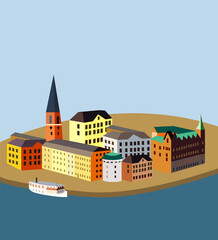 Baltic landscapes, old buildings, vector illustration