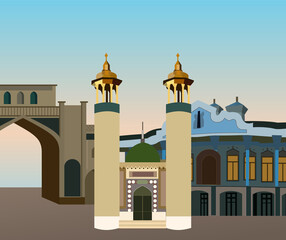 Attractions in Shiraz in Iran, Fars Province, vector illustration