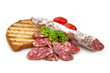 Cured fuet sausage, isolated on white background. High resolution image.
