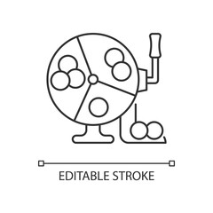 Ball draw machine linear icon. Drawing winning numbers for lottery game. Bingo blowers. Thin line customizable illustration. Contour symbol. Vector isolated outline drawing. Editable stroke