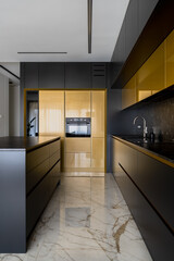 Elegant kitchen with black and gold furniture