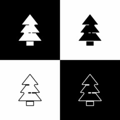 Set Christmas tree icon isolated on black and white background. Merry Christmas and Happy New Year. Vector