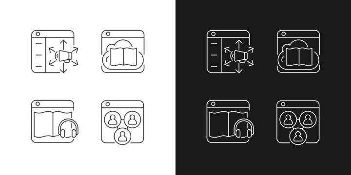 Launching online services linear icons set for dark and light mode. Content distribution platforms. Customizable thin line symbols. Isolated vector outline illustrations. Editable stroke