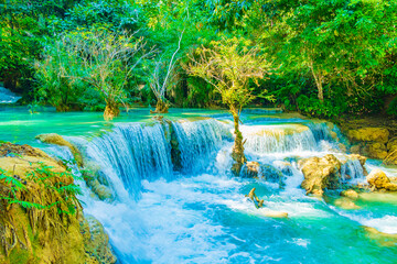 Worlds most beautiful waterfalls Kuang Si waterfall Luang Prabang Laos.