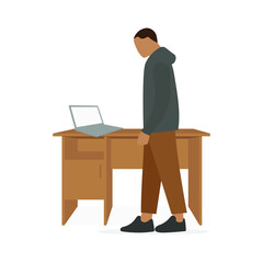A male character stands near a desk and looks into a laptop screen on a white background