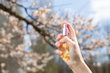 Hand holds a bottle of perfume on the background of blossoming tree