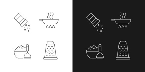 Home cooking linear icons set for dark and light mode. Sprinkle salt. Frying pan. Mash potato. Food preparation. Customizable thin line symbols. Isolated vector outline illustrations. Editable stroke