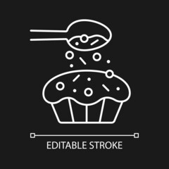 Sprinkle for baking white linear icon for dark theme. Pouring topping from spoon on cupcake. Thin line customizable illustration. Isolated vector contour symbol for night mode. Editable stroke