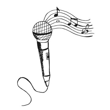 Vector hand drawn vintage microphone and notes. Drawing. Musical design element or background.